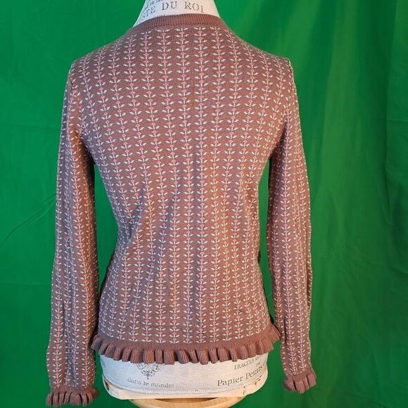 Modcloth Womens Brown Floral Ruffle Trim Sweater Medium - Picture 2 of 5